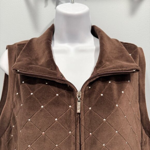Quacker Factory Velour Zip Vest Rhinestones Pockets Western Rodeo Brown Sz L NEW - Picture 2 of 11